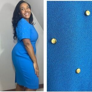 Vintage blue fitted bodycon midi dress sweetheart neck statement sleeves 80s